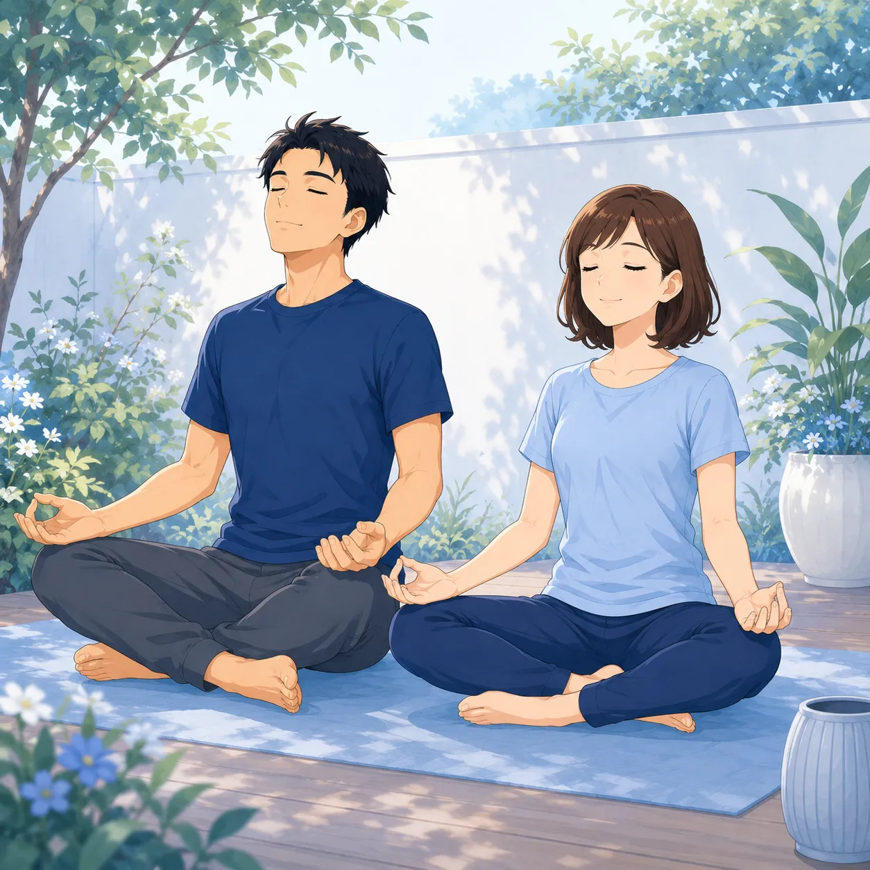 健太と美咲が静かな庭で瞑想と深呼吸を行い、心身を整えている様子を描いたマインドフルネスイラスト