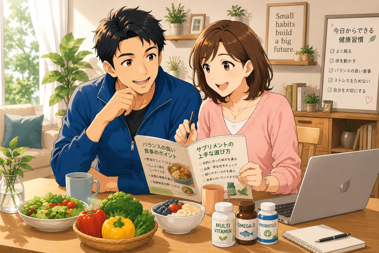 オーガニック食品やサプリメントについて話し合う健太と美咲
