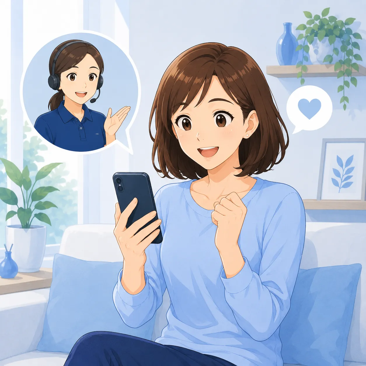 美咲がスマートフォンで健康サポートのチャット相談を受けて安心している正方形イラスト